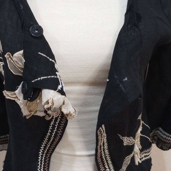 Vintage CoVelo Black Linen Floral Jacket Cardigan - Size 6 - Picture 7 of 11